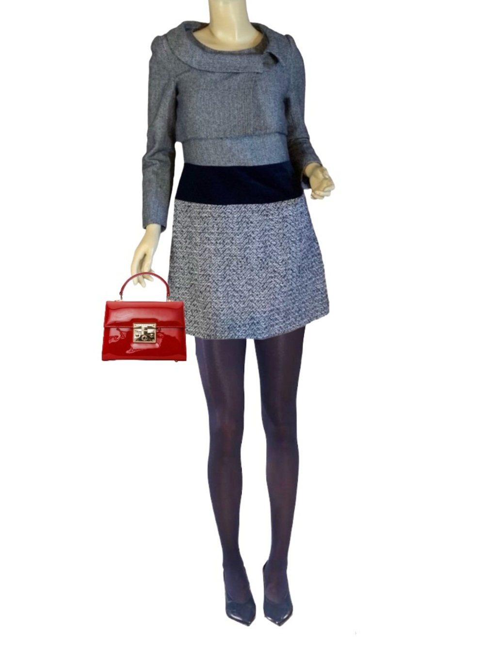 NAVY BLUE WOOL & SILK BLEND W/VELVET  TWEED DRESS & BOLERO SUIT SET (36/4)